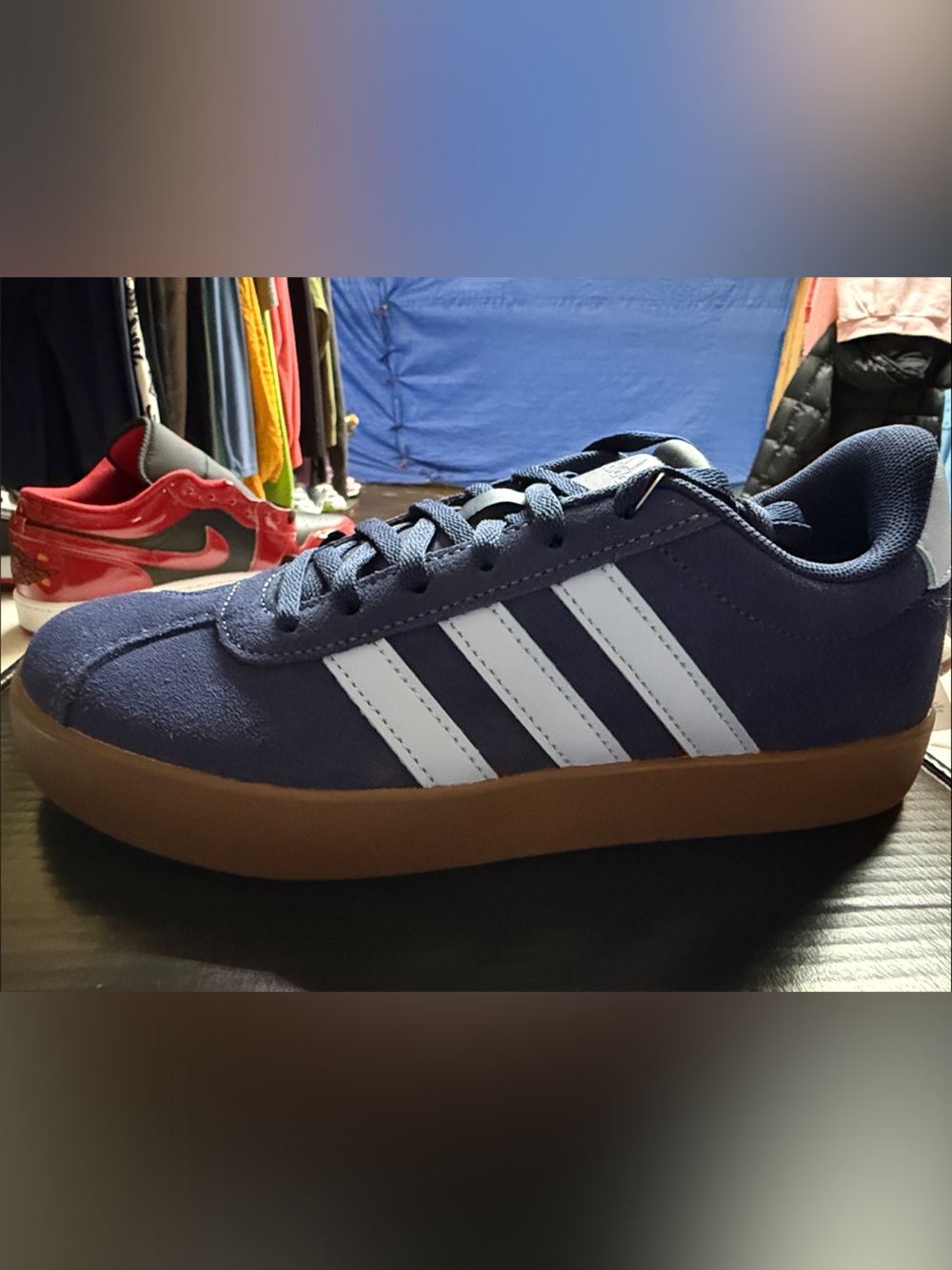 adidas Kids Navy Suede Sneakers with White Stripes and Gum Sole